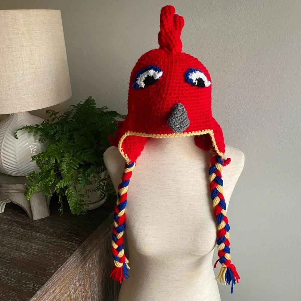 Handmade Rooster Crochet Hand Knit‎ Crocheted Kids Childrens Hat Red One Size
